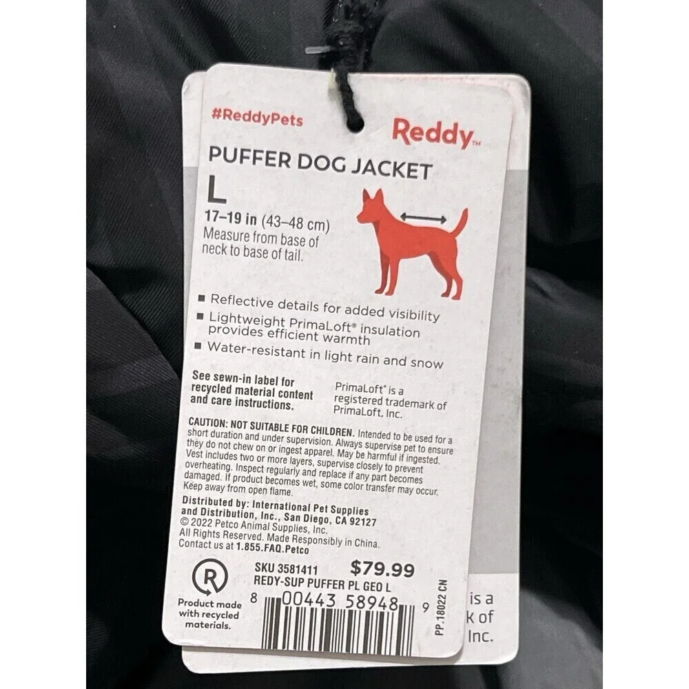 NEW Reddy Dog Reflective Puffer Jacket Insulated Water-Resistant Black Gray XXL